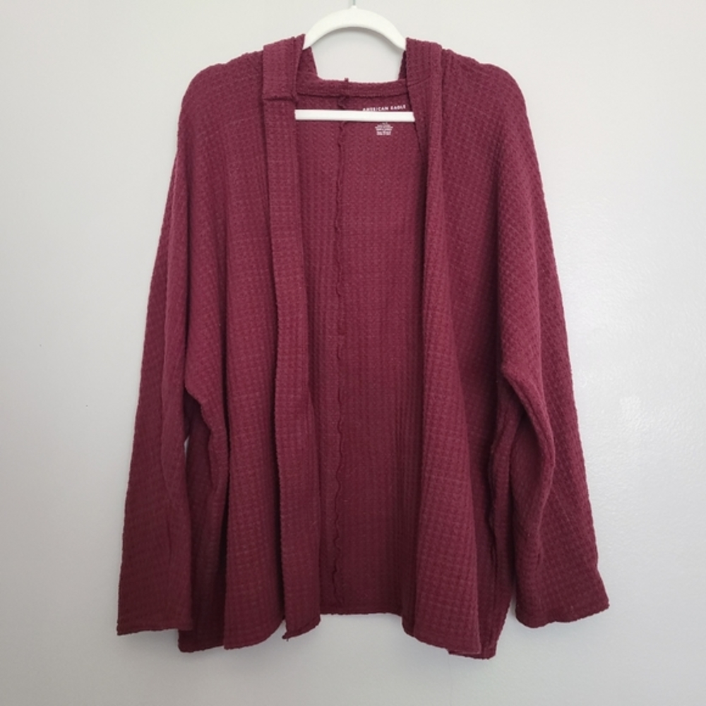 American Eagle Burgandy Waffle Knit Oversized Comfy Open Front Hoodie Cardigan L
